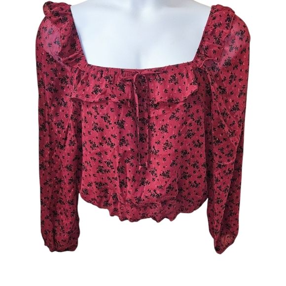 TRIXXI new burgundy & black sheer long sleeve ruffle floral chiffon blouse - Picture 2 of 16